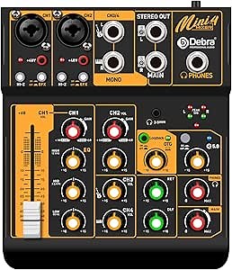 Audio Mixer D Debra Audio Mini4 Portable 4-Channel DJ Mixer Console, Sound Mixing Board with USB Bluetooth 48V Phantom Power, Audio Console for Live Wedding Party Recording Broadcast (Mini4)