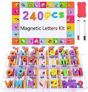 240PCS Magnetic Alphabet Letters and Numbers Teacher Supplies for Kindergarten with Foam ABC Alphabet Fridge Magnets Board and 2 Pen, Preschool 1st Grade Classroom Must Haves for Toddler Kids