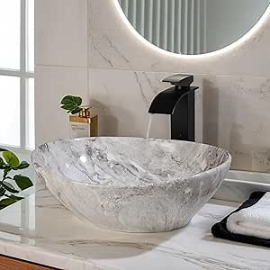 Ceramic Vessel Sinks Oval Bathroom Sink Above Counter Vessel Sink with Faucet and Drain Combo 16 inch Marbling Vessel Bathroom Sinks Bowl