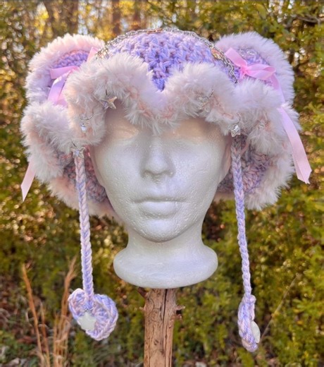 Blue and Pink Crochet Bucket Hat – Furry Trim, Chain, Charm Detail, Heart Tastles (Custom Patch Option)