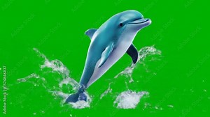 Playful 3D dolphin doing synchronized dance moves, water effect, green screen