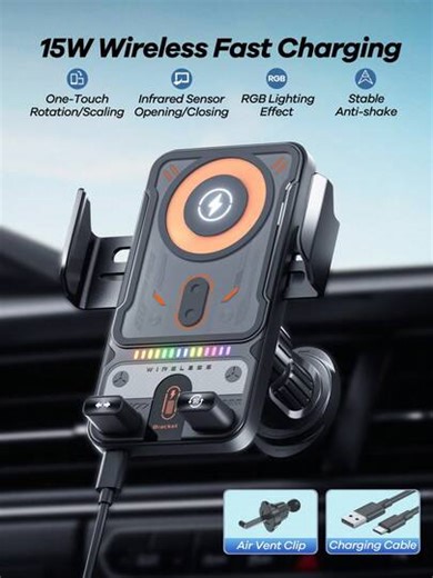 REMAX 15W Wireless Fast Charging Car Phone Holder With RGB Lighting, Auto Sensing Open/Close, Anti-Slip Grip, Overheating Protection, Type-C Port, Compatible With IPhone & Android Phones, Supports Phone Cases, 90° Rotation, Universal Car Accessory, Car Essential, Type-C Charger, IPhone Charger, Car Accessories | SHEIN