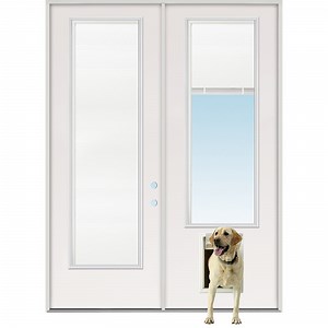 8'0" Tall Mini-blind Fiberglass Patio Prehung Double Door Unit with Pet Door Installed - Door Clearance Center