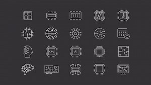 Computing power animation library. Electronical components animated white line icons. Ai hardware, circuit design. Isolated illustrations on dark background. Transition alpha. HD video. Icon pack