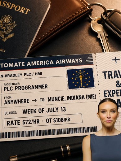 Muncie, Indiana. Allen-Bradley. Live line. Here it is on one card: • Role — PLC Programmer (Allen-Bradley PLCs & HMIs) • Job — change existing code while the line runs; debug   prep with the robot programmer • Line — material handling & welding, transmission parts • Pay — $72/hr, $108 OT • Travel — time paid, expenses covered • Start — week of July 13, through end of July, possibly longer • Days — 12 hrs, 7 days If that card is you, the apply link is right here. https://automateamerica.com/app/a