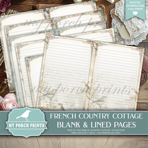 French Country Cottage Blank & Lined Journal Pages, Junk Journal, Vintage, Neutral, Writing, My Porch Prints, Printable, Digital Download - Etsy
