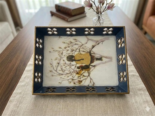 Large Wooden Tray With Decoupage Art – Resin Coated Coffee Table Ottoman Tray - Etsy