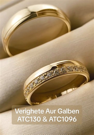 Verighetele sunt mai mult decat bijuterii, sunt promisiunea unei iubiri care dureaza o viata. Modelul de verighete personalizate pentru miri imbina armonios eleganta si simbolul unirii: verigheta de dama ATC130, cu latimea de 4 mm, si verigheta de barbat ATC1096, cu latimea de 4.5 mm. Pentru un design unitar si special, pe partea opusa a verighetei de dama a fost realizata aceeasi dunga distinctiva ca la modelul barbatesc, astfel incat cele doua verighete sa se completeze perfect. Fiecare detali