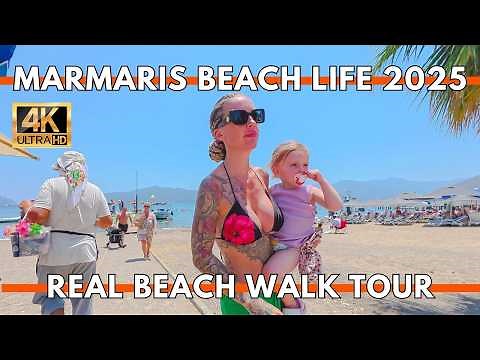 Marmaris Turkey Beach Life 2025 | 4K Walk Along the Coastline, Sunbeds, Tourists & Summer Vibes
