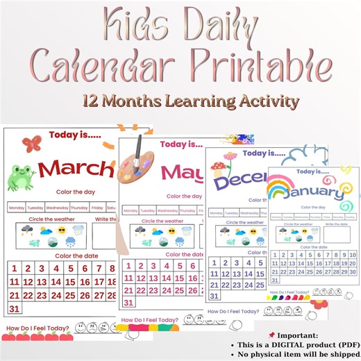 Kids Daily Calendar Printable, Learning Activity (PDF) - Etsy Canada