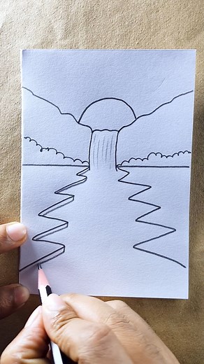 Drawing a Waterfall Scene with Mountains #drawing #reels #shorts | Rongdhonu Art and Drawing