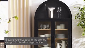 Modway Evie Arched Display Cabinet in Black Oak - Modern Tall Storage Cabinet with Shelves - Sophisticated Glass Door Bookcase - Elegant Living Room and Hallway Accent Cabinet