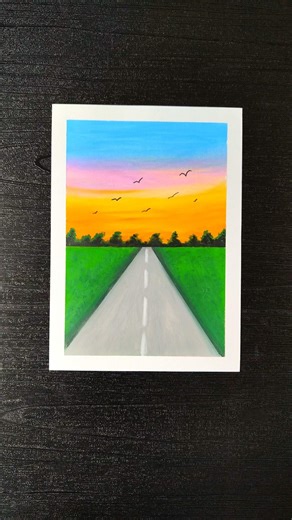 Easy Road Scenery Drawing 🌅 | Sunset Landscape with Oil Pastels #shorts #art #drawing