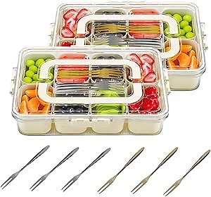 2 Pack Snackle Box Container, Divided Serving Tray with Lid & Handle, Portable Snack Box Food Organizer for Nuts,Candy,Fruits, Snack Platter with 8 Compartments&6 forks for Party, Picnic, Travel
