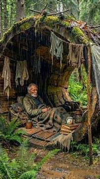 Building a cozy shelter inside a massive forest log #survival #diy #forest