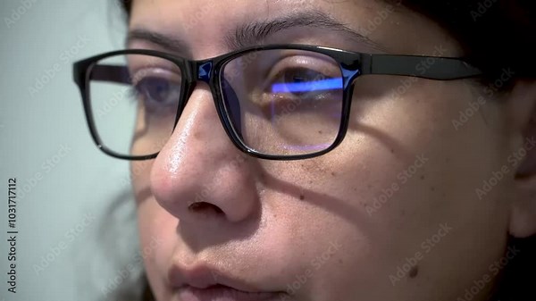 Pc Screen Reflection on Glasses, Woman Working on Computer Wearing Glasses, Face Close up Shot