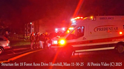 Haverhill Spot News 11-30-25 Structure fire with people jumping from balcony. Video taken at the fire scene showing Pridestar, police and firefighters at the fire scene tending to victims of a 2-alarm fire. Audio of Haverhill fire dispatching fire apparatus to the scene is only a portion of the audio. Also, I interviewed residents that escaped the fire and smoke. Haverhill police and fire received calls of a structure fire at the apartment complex 18 Forest Acres Drive. Multiple people were take