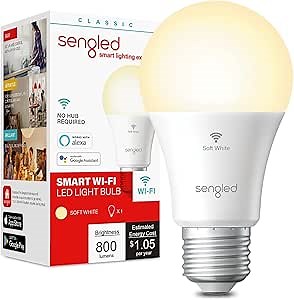 Sengled Smart Bulb, WiFi Light Bulbs, Dimmable Alexa Light Bulb, Smart Light Bulbs that Work with Alexa & Google Home, A19 Soft White (2700K) No Hub Required, 800LM 60W Equivalent High CRI>90, 1 Pack