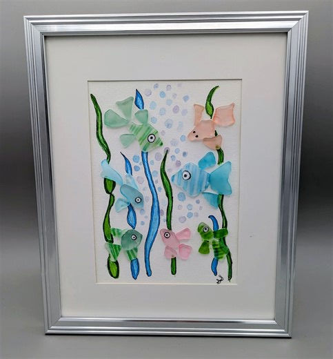 Sea Glass Art: Colorful Pastel Fish, Framed Watercolor Ocean Scene - Coastal Wall Decor - Etsy