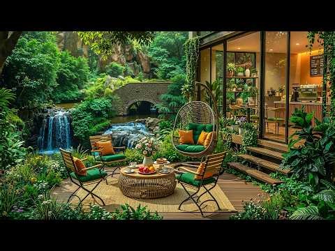 Peaceful Coffee Shop Front Yard Outdoor Jazz with Waterfall View 🌿 Summer Jazz for Calm Mind
