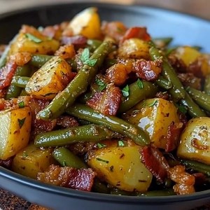 Country Ranch Green Beans and Potatoes with Bacon 🥔🥬🥓Ingredients:1 lb fresh green beans, trimmed and cut into bite-sized pieces 🥬4 cups baby potatoes (or 4 large potatoes, peeled and diced) 🥔6 slices bacon, chopped 🥓1 onion, diced 🧅2 cloves garlic, minced 🧄1 packet (1 oz) ranch seasoning mix 🌿1 cup chicken broth 🍗1/2 teaspoon dried thyme 🌿1/2 teaspoon dried rosemary 🌿Salt and pepper, to taste 🧂2 tablespoons olive oil (optional, if needed) 🫒Instructions:Cook the Bacon:In a large ski