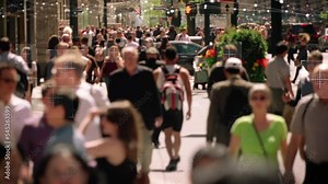 Crowded Street with Commuters Walking. Artificial Intelligence and Facial Recognition are Used for Surveillance Purposes. Individual Data Tracking. Deep Learning. Futuristic Connections.
