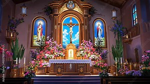 The altar of a church is decorated with flowers and candles in preparation for a special service