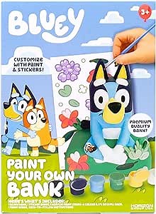 Bluey Paint Your Own Piggy Bank, Includes 6 Paints, Vinyl Stickers, Craft for Kids, Great Gift Birthday Party, Toy Figures, Paintable Toys for Toddlers 1-3
