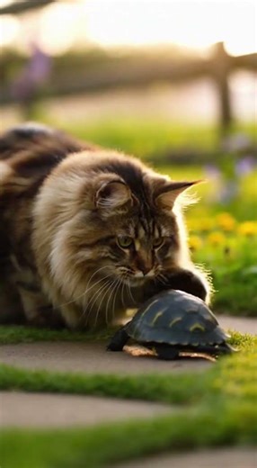 A large cat chases the turtle and tries to kill it, but the turtle hides its head.