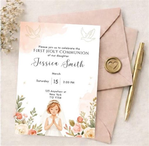 First Holy Communion Invitation | Editable Canva Invite | Girl Communion | Digital Download - Etsy