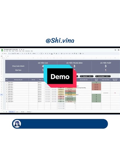 Demo quản lý công việc (cá nhân). t nghĩ cái này làm nhóm nữa sẽ vui hơn. Nhưng k biết như cầu có nhiều k 🥺 #demo #shi_vina #googlesheets #templategooglesheet #tasktracker