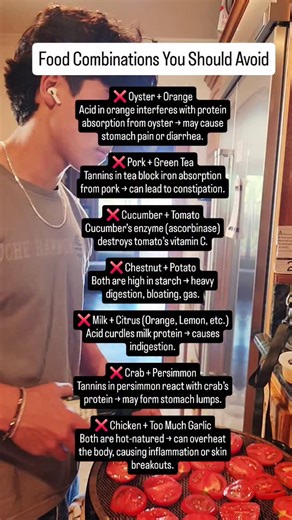 Comment "FOOD PAIR" to get my free food energy & pairing chart. ❌ Oyster Orange Acid in orange interferes with protein absorption from oyster → may cause stomach pain or diarrhea. ❌ Pork Green Tea Tannins in tea block iron absorption from pork → can lead to constipation. ❌ Cucumber Tomato Cucumber’s enzyme (ascorbinase) destroys tomato’s vitamin C. ❌ Chestnut Potato Both are high in starch → heavy digestion, bloating, gas. ❌ Milk Citrus (Orange, Lemon, etc.) Acid curdles milk protein → causes in