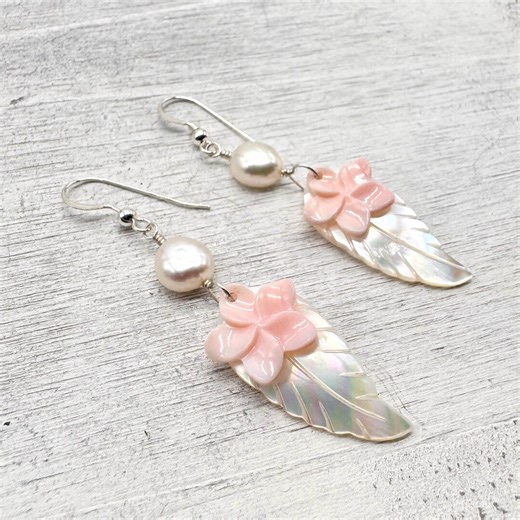 Pink Queen Conch Shell Plumeria Earrings: Pink Flower, White Leaf, Freshwater Pearl - Etsy