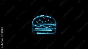 Neon burger icon animation. Fast food, burger delivery, yummy meal and lunch, food tech concept.