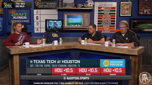 Texas Tech took the fight to Utah last week, can they do it again in Houston? Presented by High Noon Sun Sips No. 11 Texas Tech (10.5) vs. Houston Barstool College Football Show David Portnoy - El Presidente: TTU(-10.5) Big Cat: HOU( 10.5) Brandon Walker: HOU( 10.5) Big Ev: HOU( 10.5) Kayce Smith: TTU(-10.5) | Barstool Sports