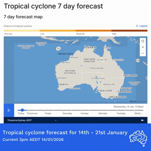 Multiple weather systems are forecast to develop over tropical waters around the northern Australian coastline over the next few days. Here's a breakdown of each weather system: • Ex-Tropical Cyclone Koji is crossing western Queensland today and will move into the Northern Territory later this week, bringing rain and storms. This system may move back into the Gulf of Carpentaria during the weekend, with a low chance (15%) of re-intensifying back to cyclone strength. • Tropical low 14U is near Ne