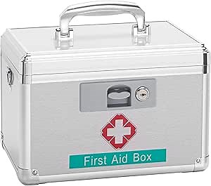 First Aid Box with Key, 11.2 x 7.6 x 7.6 Inches, Empty Lockable Medicine Storage Organizer for Home/Outdoor (Silver/Medium)