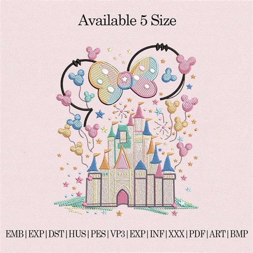 Princess Castle Embroidery Design, Magical Fairy Tale Castle With Mouse Balloons and Bow, Cute Fantasy Machine Embroidery - Etsy