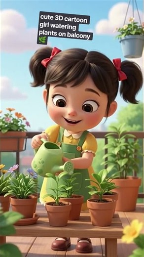 cute 3D cartoon girl watering plants on balcony 🌿#WateringPlants​#GoodHabits​#NatureLovers​