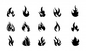 Ikon api mengatur vektor. Tanda api siluet. Api unggun menyala dengan...