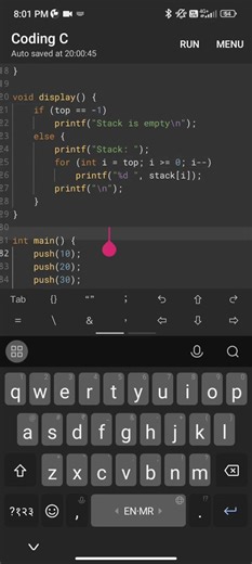 Stack operation in C (push, pop, display) #DSA #C IN ANDROID #Programming