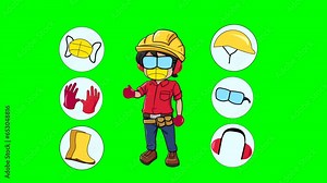 2D Animated Cartoon Man Using Safety Equipment While Working - Green Screen Background