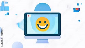 A computer monitor with a smiling face on it and a lot of other icons and icons surrounding it