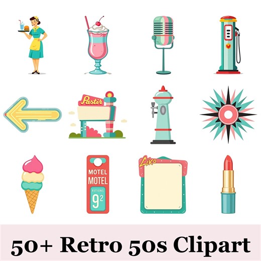 Retro 50s Clipart Bundle 50  PNG | Vintage 1950s Graphics | Rockabilly Retro Women & Objects | Mid Century Clipart | Commercial Use - Etsy
