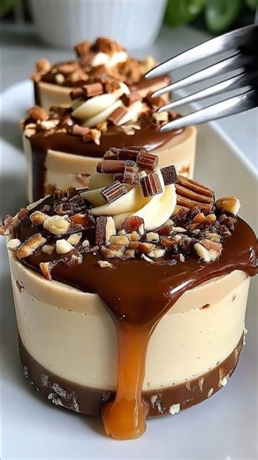 No Bake Turtle Mini Cheesecakes 🐢🍫 Ingredients: - 1 1/2 cups graham cracker crumbs - 6 tablespoons melted butter - 2 tablespoons brown sugar - 16 oz cream cheese, softened - 1/2 cup powdered sugar - 1 teaspoon vanilla extract - 1 cup heavy whipping cream, cold - 1/2 cup caramel sauce - 1/2 cup mini chocolate chips - 1/2 cup chopped pecans Directions: 1. In a medium bowl, mix graham cracker crumbs, melted butter, and brown sugar until evenly combined. 2. Press about 1 tablespoon of the crust mi
