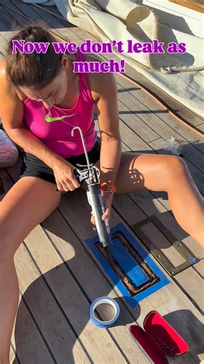 Sam - Juggling: Ultra Training/Boat Life/A Bossy 4yo! on Instagram: "Throwback to when we leaked INSIDE the boat! . Rebed the prisms as they were the main source of the leaking inside. These were the days my wrist ached using the older caulking @un - thanks to @cox.mk.dispensers for the easier tool. . Thankfully the prism seals have been fantastic, although we do have a random mast leak now. We have a mast collar so I’m thinking it’s failed and the Sikaflex underneath has given way also. Need to