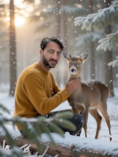 GROK 👈🏻 COPY 👉🏻 Hyper-realistic K close portrait of a 35-years-old man (face 100% adjust with attached photo, keep the hairstyle) sitting sideways on a falen snowy log, gently touching the neck of a roe baby deer standing beside him. Baby deer's head tumed slightly, man's gaze softly toward camera. Camera: eye-level mid shot, 85 mm 1/18, ISO 400, 1/800 s rule of thirds-faces aligned on upper right power point; blurred spruce branch foreground. Light: cool winter ambient with soft warm low su
