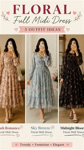 🌸 3 Floral Full Sleeve Midi Dress Ideas|❤Trending Floral Dresses for Women 👗✨#floraldresses#ytshorts