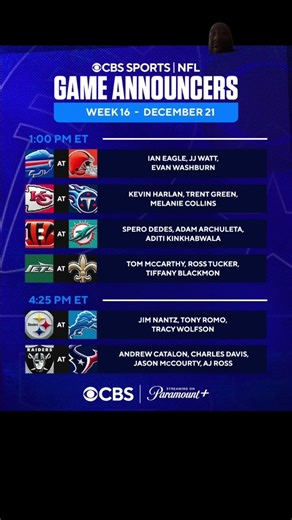 NFL schedule of games for week 16 on CBS ￼