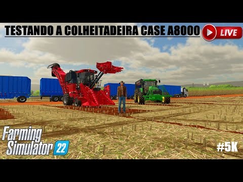 🔴 LIVE COLHEITA DE CANA NA FAZENDA MALU COM A COLHEITADEIRA NOVA CASE A8000 DE PNEUS FS22